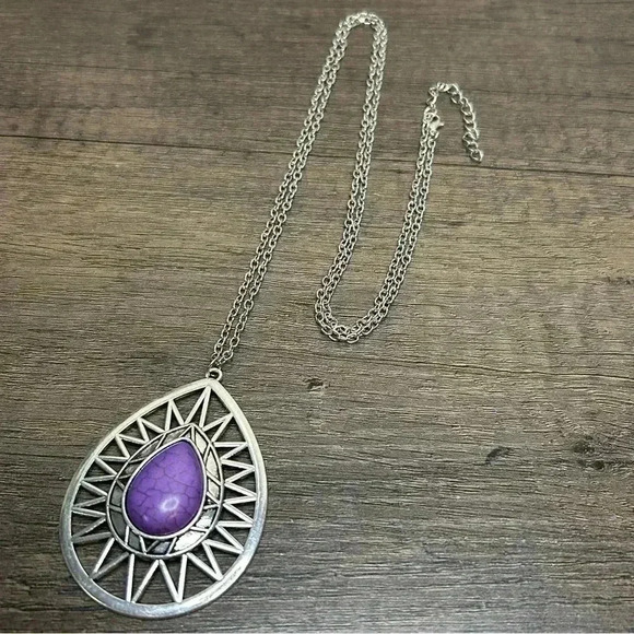 Silver Tone Large Pendant with Purple Stone Long Necklace - Picture 1 of 3